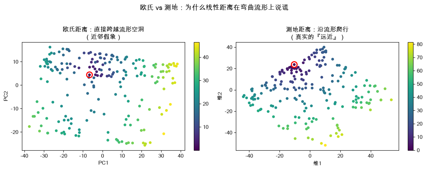 欧氏距离穿越流形空洞，测地距离沿流形爬行