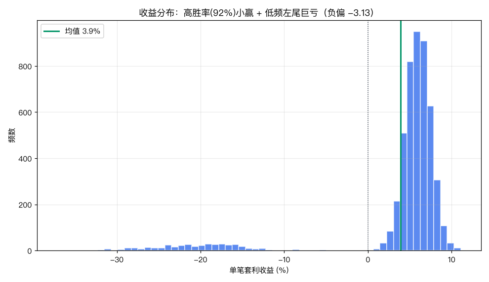 收益分布：高胜率小赢 + 低频左尾巨亏