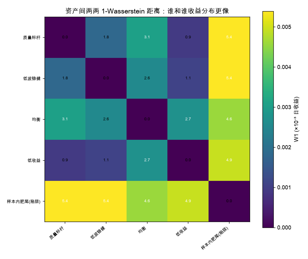 资产间两两 1-Wasserstein 距离：谁和谁收益分布更像