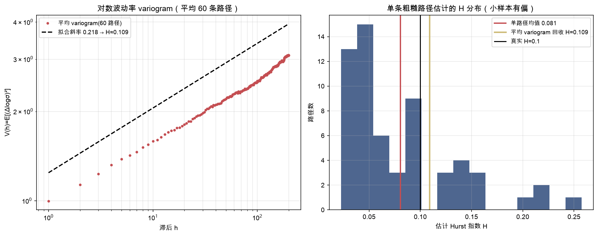 平均 variogram（log-log）：拟合斜率 2H≈0.22，回收 H≈0.11；对照 H=0.5 回收≈0.47